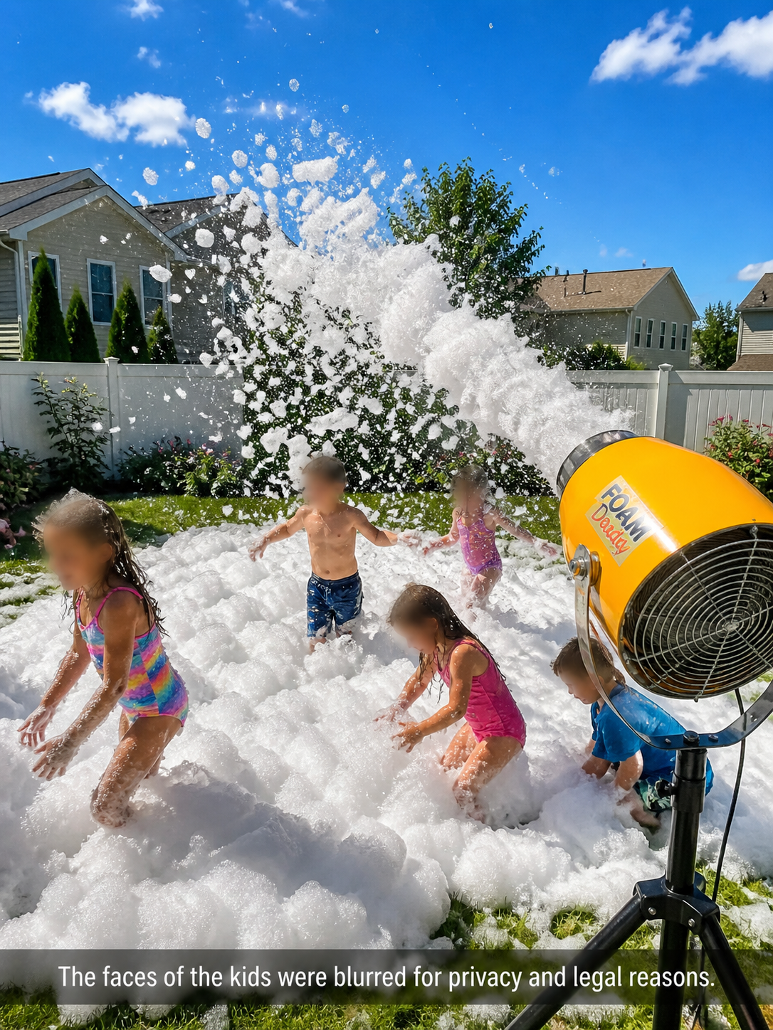 Foam cannon spraying into a backyard party