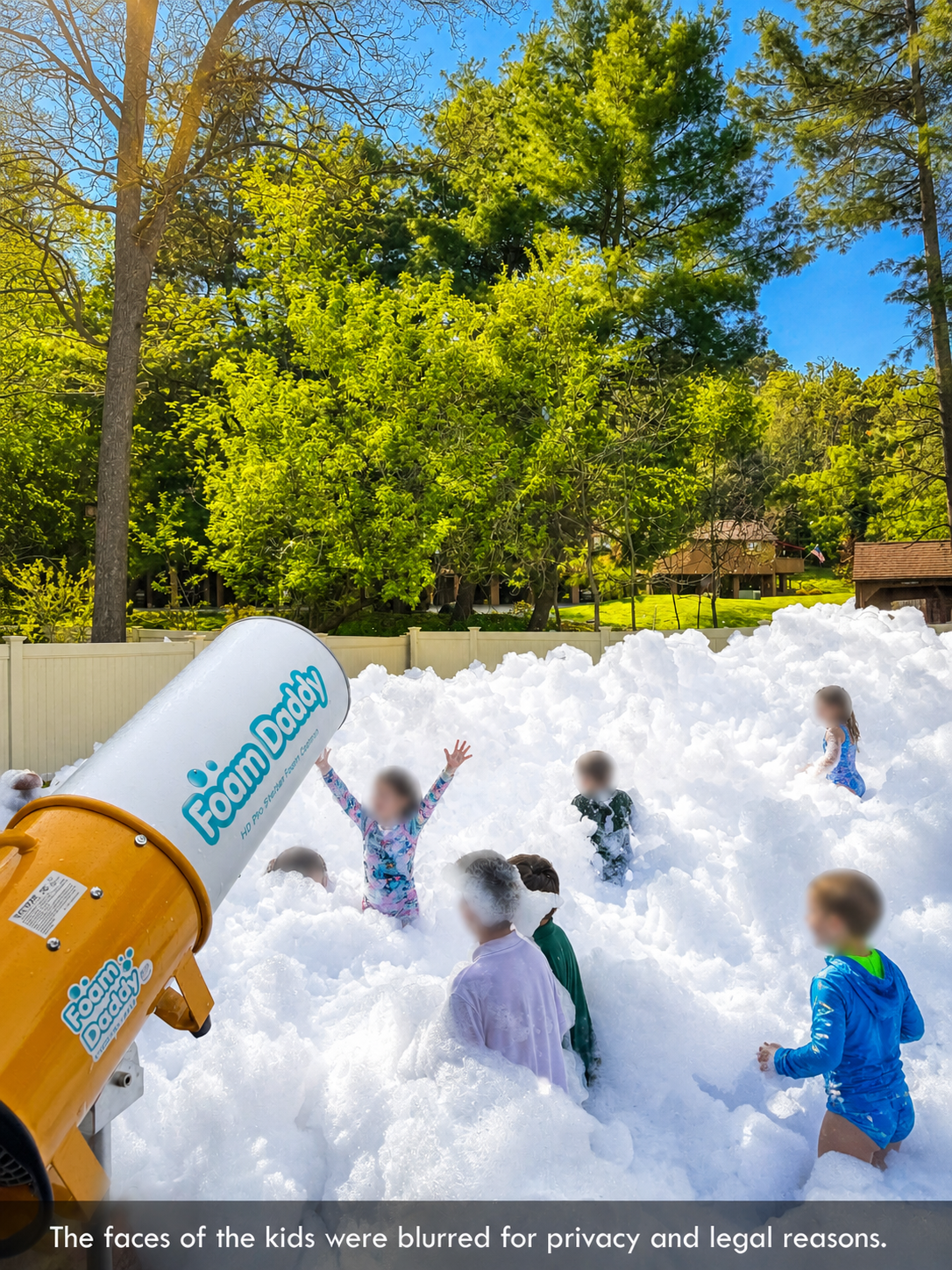 Backyard foam party with cannon and kids playing